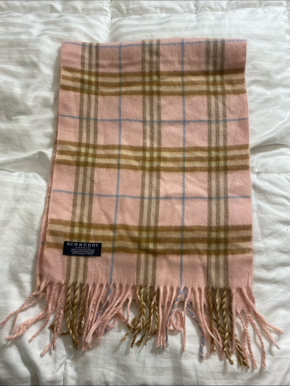 Burberry Pink Plaid Cashmere Blend Scarf with Fringe